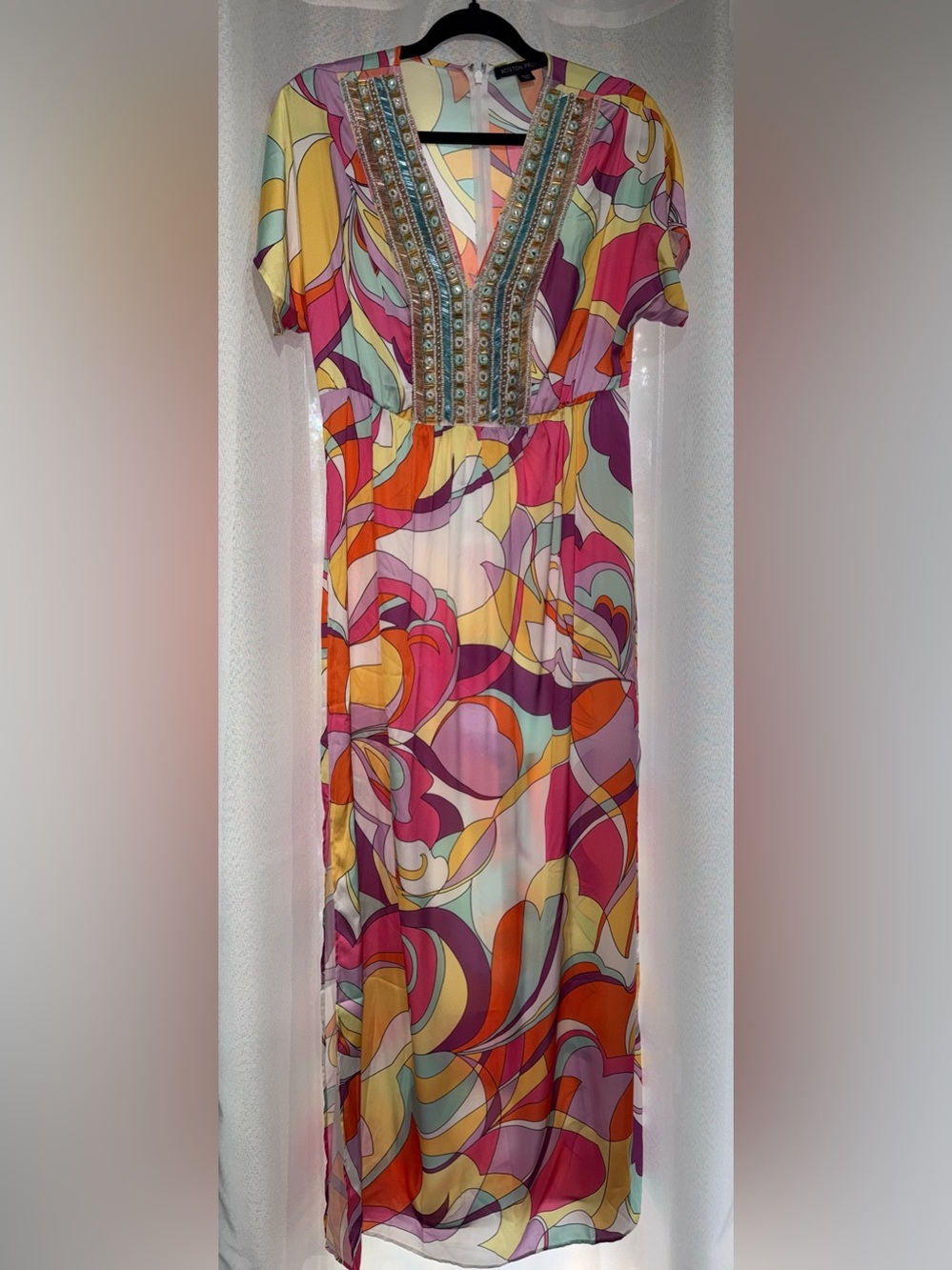 Boston Proper Vibrant Print Embellished V-Neck Maxi Dress XS